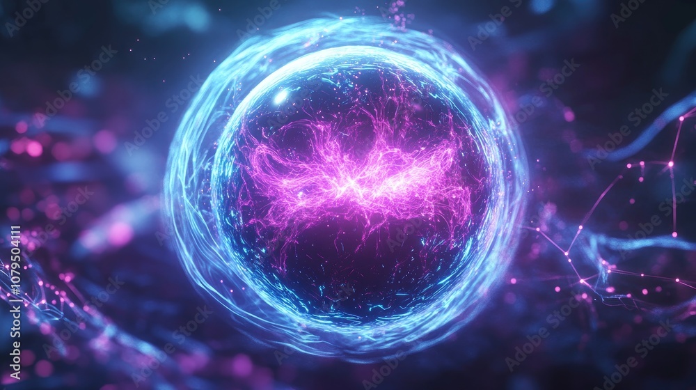 Poster 3D cartoon rendering featuring a sphere ball of blue and purple energy magic circle showcasing futuristic waves and particle lines representing atomic energy and electricity Abstract background