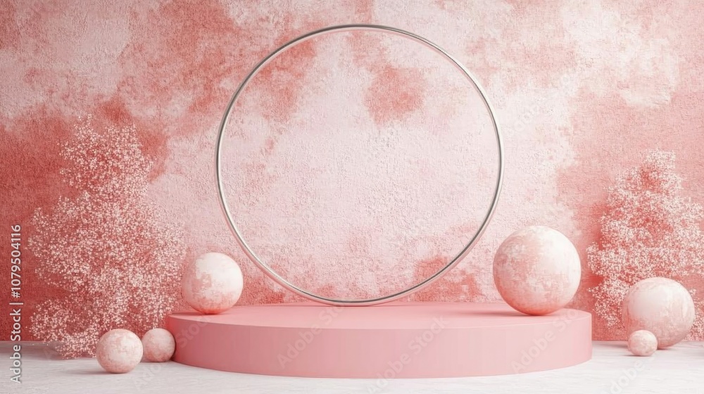 Poster abstract pink podium design for cosmetics or product display featuring a metal ring and spheres 3d r