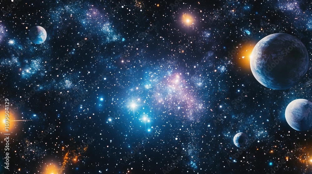 Poster 3D cartoon interpretation of a 2D illustration featuring a realistic star pattern background in deep interstellar space with bright stars planets and moons Various imaginative science fiction back