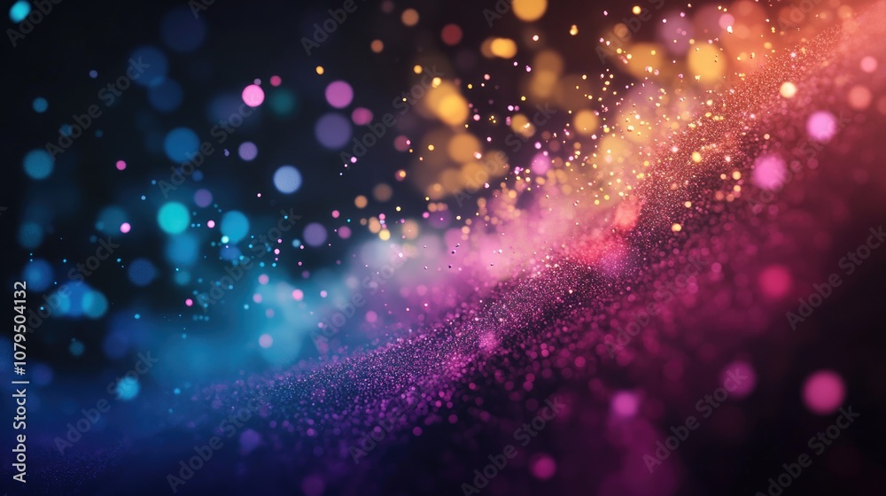 Poster Abstract powder splatted background in a 3D cartoon rendering showcasing the freeze motion of exploding color powder and colorful glitter texture against a dark backdrop