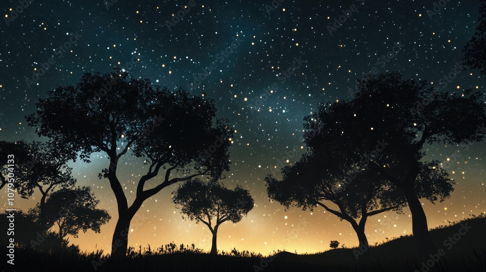 Aufkleber silhouetted trees under the stars and earth motion depicted in a 3d cartoon rendering