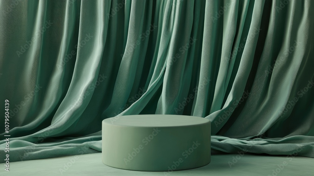 Poster 3D podium with flowing curtain fabric in green featuring a luxurious background and wide mockup for branding and product display illustrated through 3D rendering