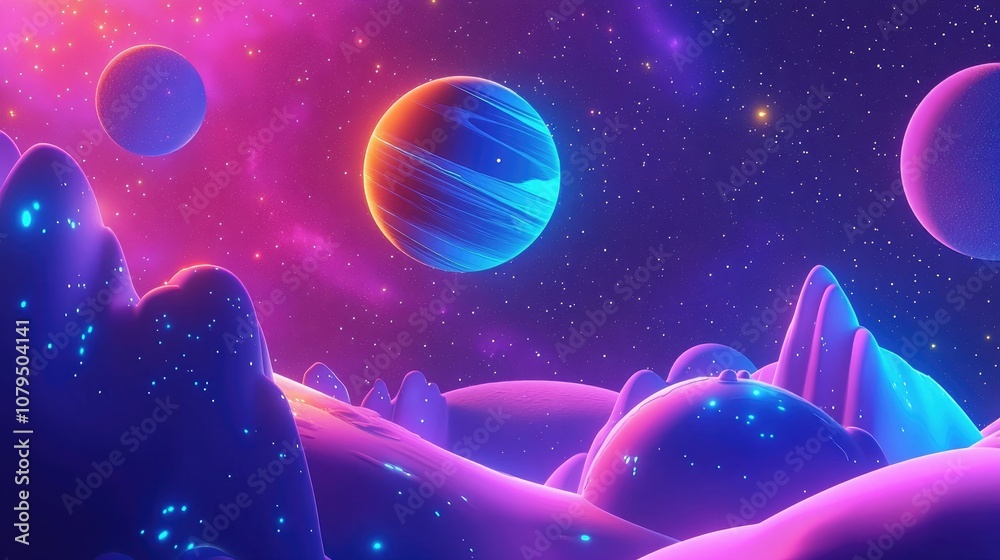 Poster 3d cartoon depiction of a galaxy background with a planet in space