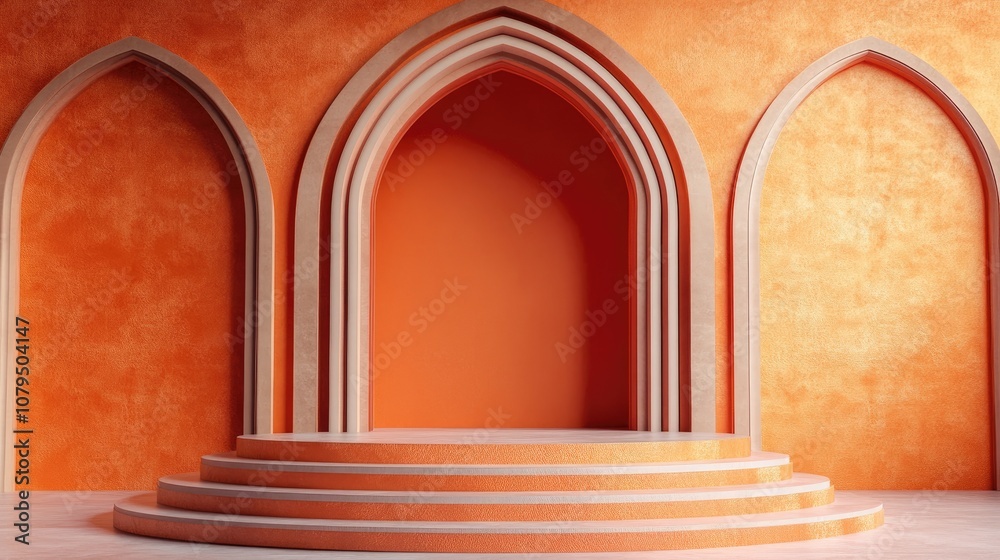 Poster step stage podium backdrop featuring an arabic arch design 3d rendering