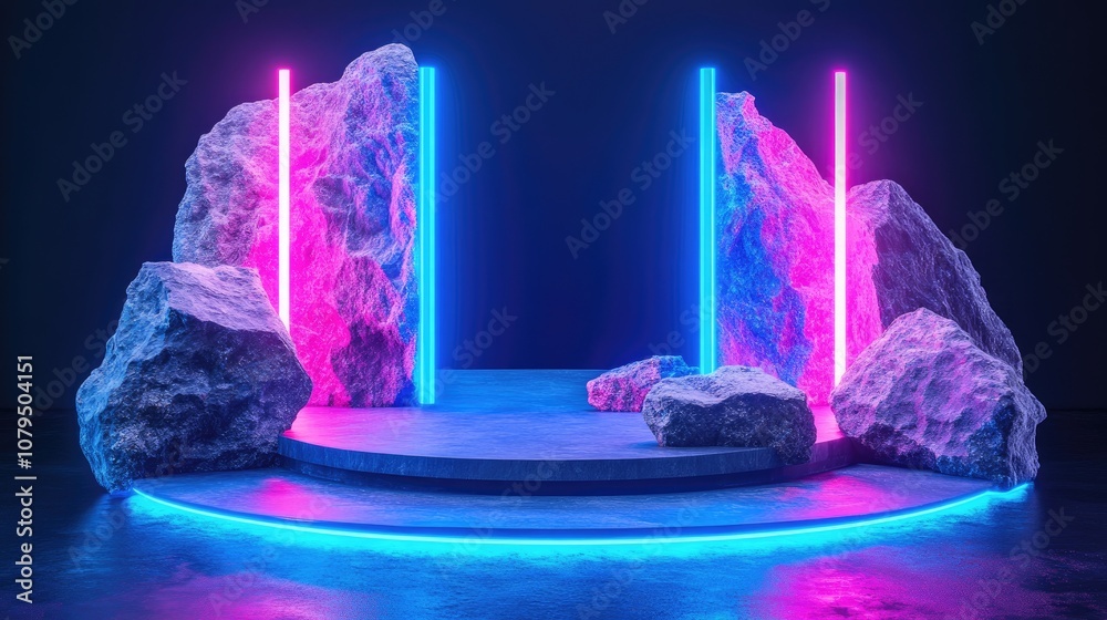 Poster abstract neon background featuring illuminated geometric shapes and natural stone elements 3d render