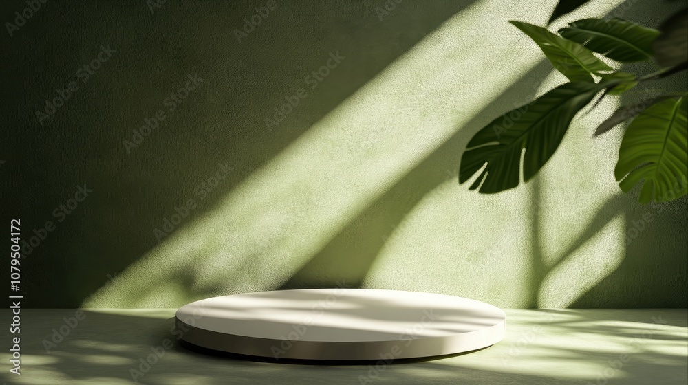 Aufkleber Abstract empty podium casting shadows on a green backdrop Mockup display for product showcasing Three dimensional render Minimalistic concept Advertising template 3D illustration