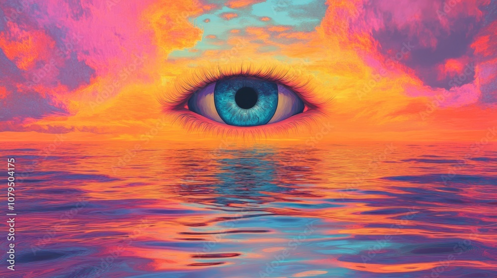 Aufkleber surreal painting featuring an all seeing eye above a water surface set against a vivid colorful back