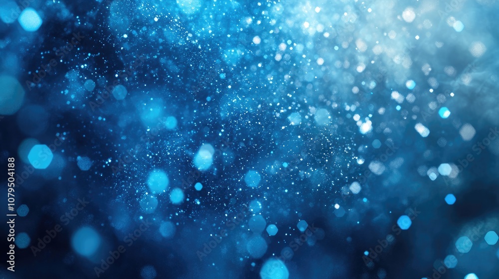 Poster numerous shimmering blue particles in a vast space captured in slow motion creating an abstract back
