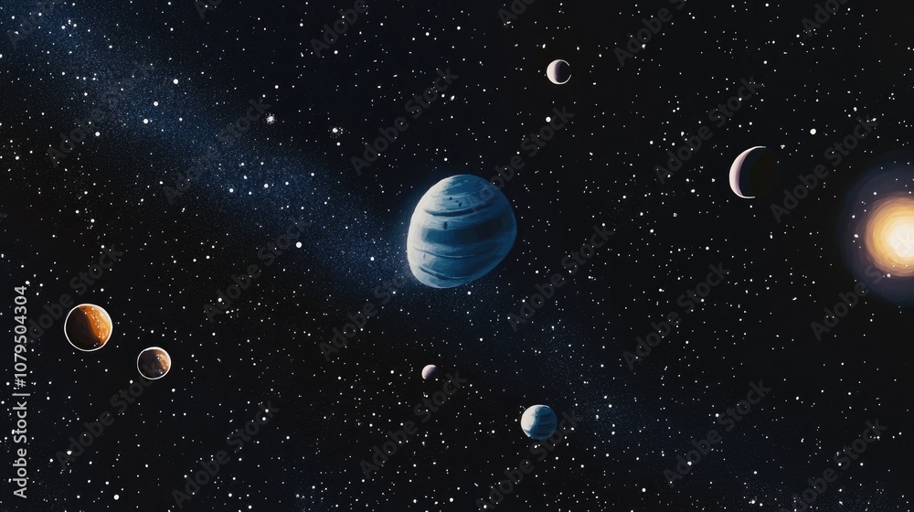 Poster 2d illustration featuring a vast deep space scene stars planets and moons create various science fic