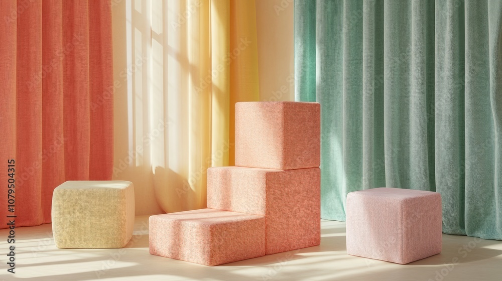 Aufkleber Minimalist 3D rendering featuring an empty step cube and colorful pastel podium for product display against an abstract background Mockup of geometric shapes in soft hues 3D illustration for cosme