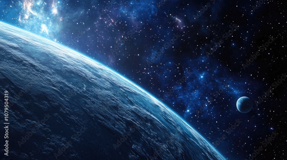 Poster 3d cartoon rendering depicting an outer space scene with starfield light years away from earth