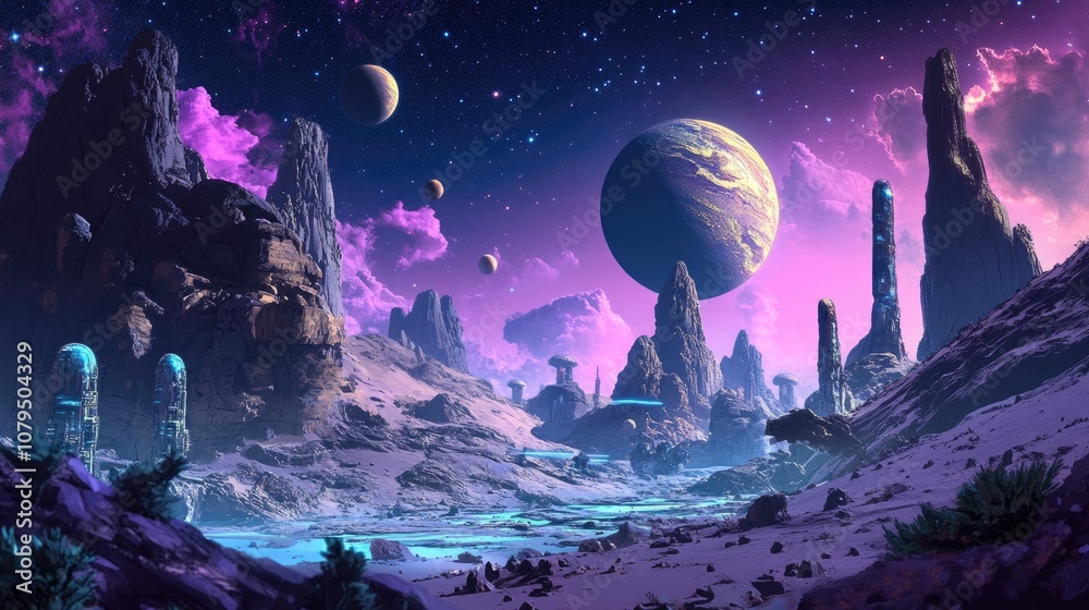 Aufkleber 2d illustration in a 3d cartoon rendering style expansive deep space featuring stars planets and moo