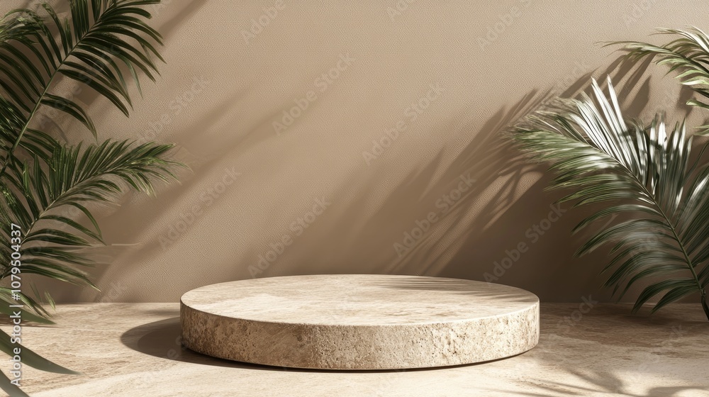 Aufkleber stone product display podium with shadow and natural leaves on a brown background 3d rendering