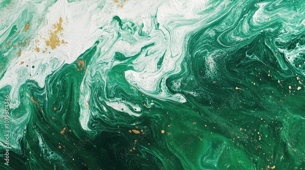 Poster abstract fluid art featuring acrylic paints with swirling green waves and sandy textures showcasing 