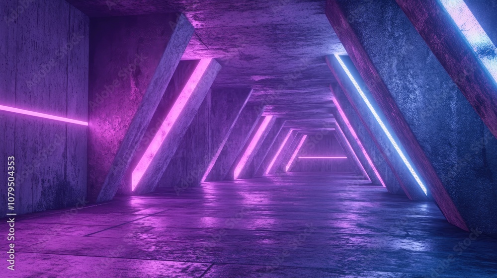 Fototapete futuristic sci fi setting with neon purple and blue lights glowing triangle columns concrete grunge 