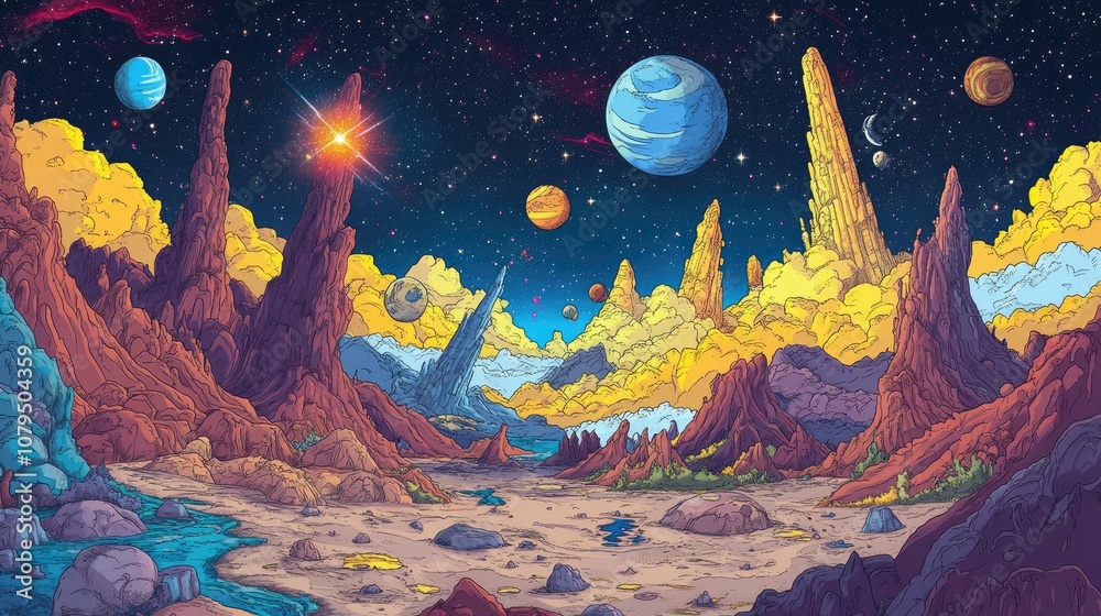 Poster 2d illustration in a cartoon draw style featuring a vast and deep space scene the artwork includes s