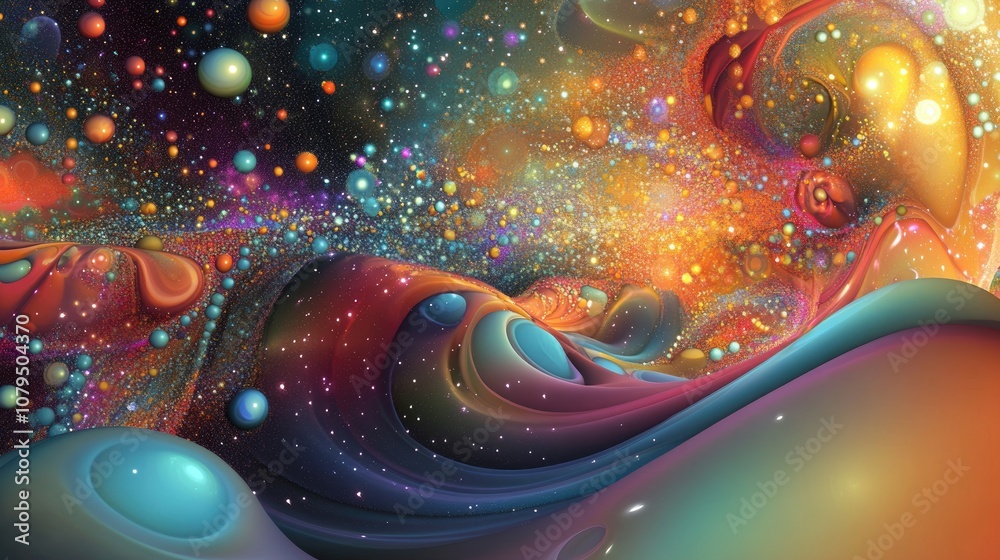 Poster Cosmic space and stars depicted in a 3D cartoon rendering featuring a colorful cosmic abstract background