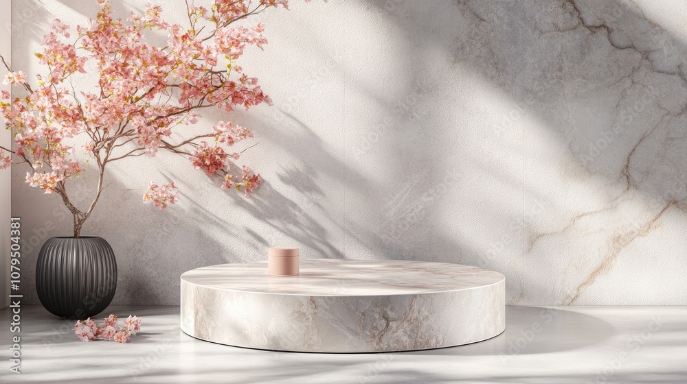 Aufkleber 3D podium display platform with marble stone texture Cosmetic product background with pastel shadows on a minimalistic stage featuring an empty pedestal mockup in an abstract studio setting