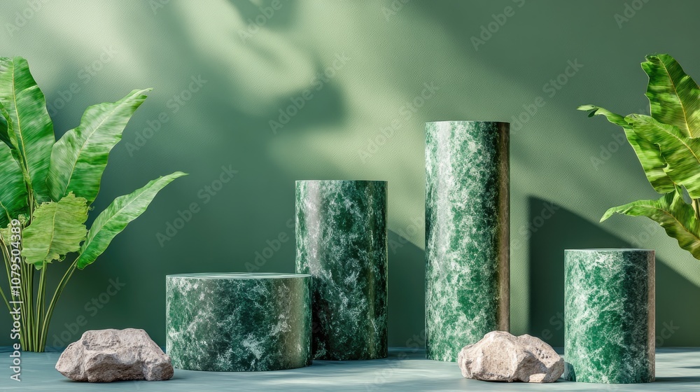 Poster green pedestal display featuring cylinders and rocks alongside a box stand concept podium designed f