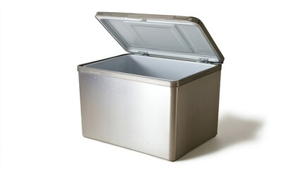 Silver Metal Container with Open Lid for Storage, Transport or Food Preservation in a Minimalist Setting for Versatile Usage in Home or Business Environment