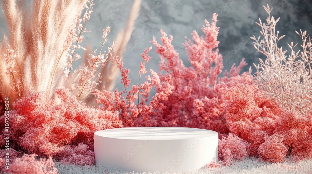 Poster 3d autumn themed scene featuring a beautiful podium with an empty cylinder stand for product promoti