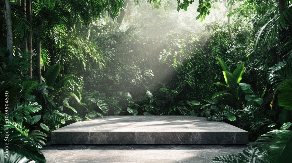 Poster 3d rendering of a stone platform surrounded by a tropical forest designed for product displays and f