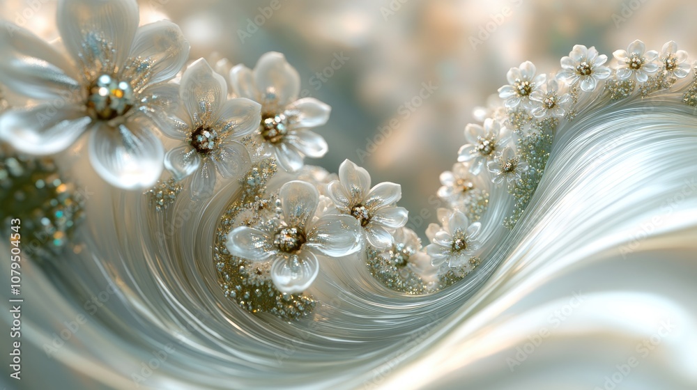 Poster Abstract fractal patterns and shapes depicted through 3D cartoon rendering showcasing dynamic flowing natural forms flowers and spirals