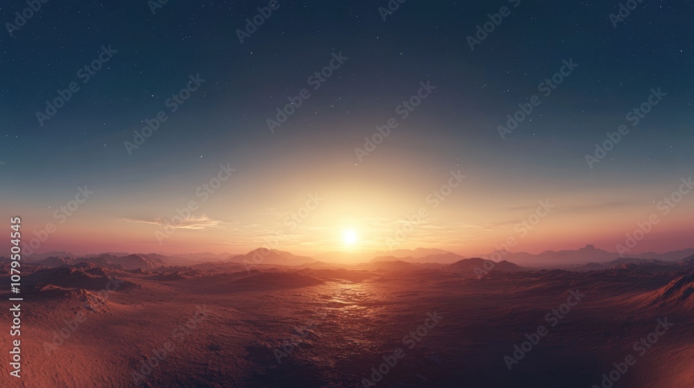 Poster 3d cartoon rendering featuring a panoramic view of mars at sunset and sunrise showcasing the martian
