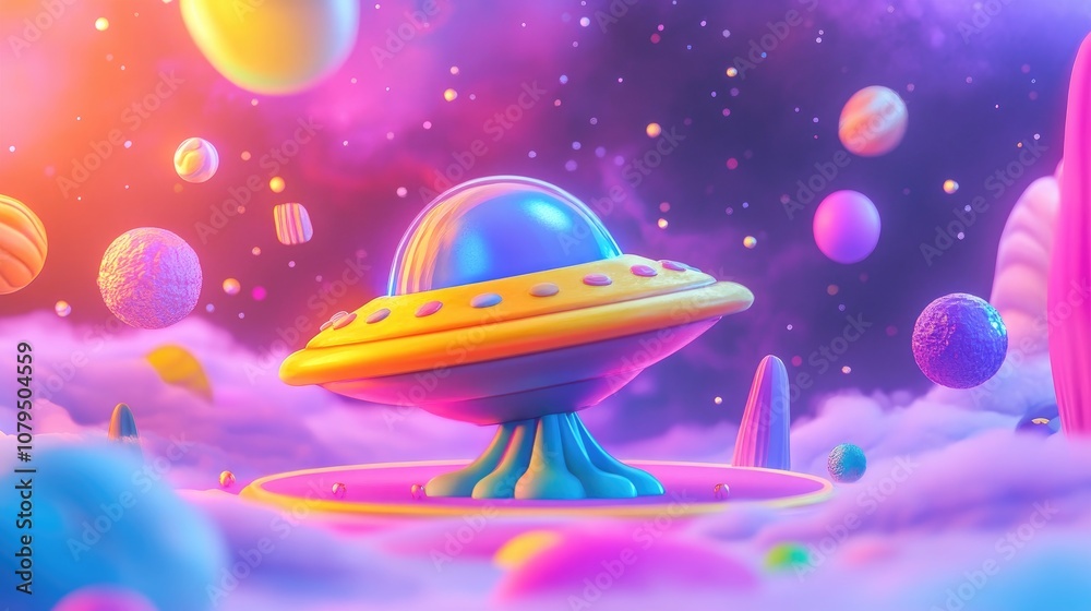 Poster colorful funny cartoon scene of an alien ufo in a cosmic setting rendered in 3d designed for kids