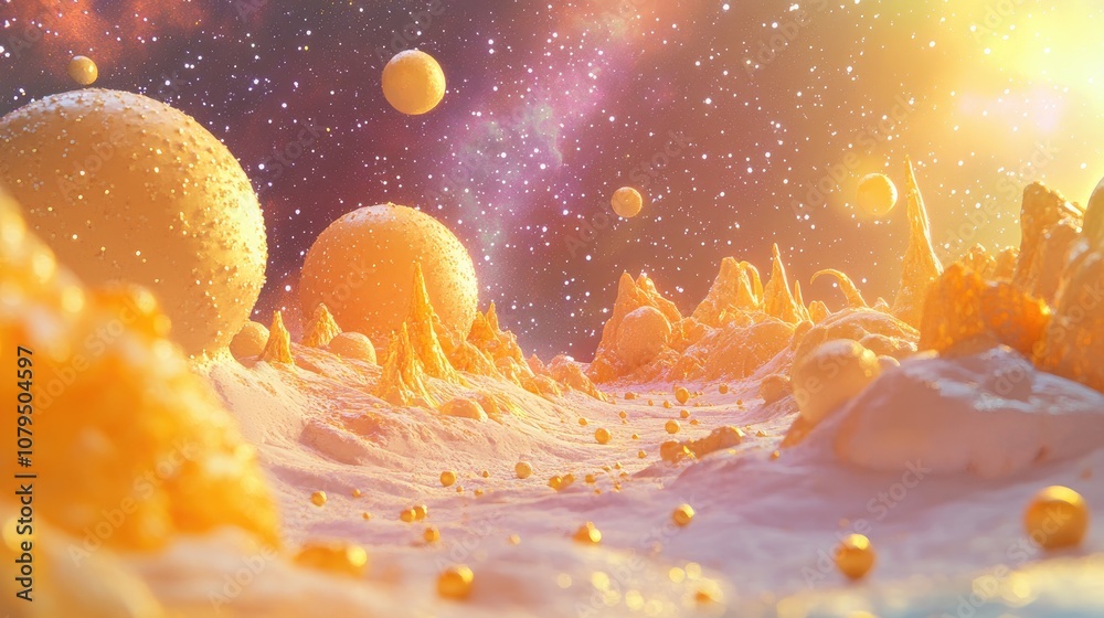Poster 3D cartoon rendering featuring stars in a galaxy set in open space