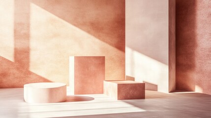 3D geometric shapes featuring a dusty pink cube and box podium in a minimal studio background Abstract illustration in natural color tones