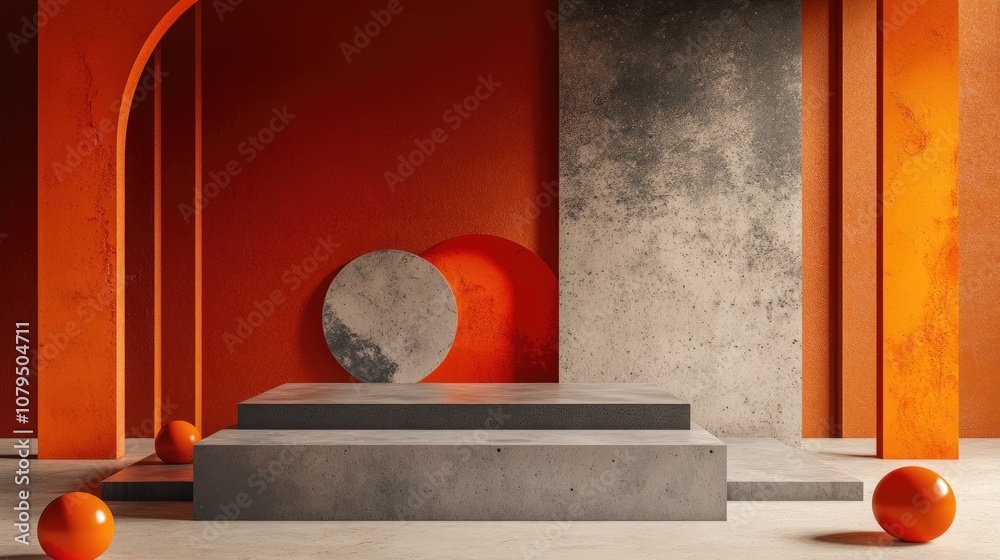 Aufkleber 3D rendered abstract background featuring geometric shapes and a podium for product presentation showcasing a minimalistic design with a group of orange elements