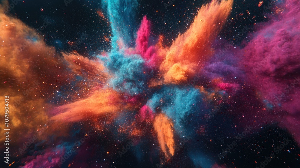 Poster Colored cloud explosion in 3D cartoon rendering on a black background Colorful dust burst reminiscent of Holi paint