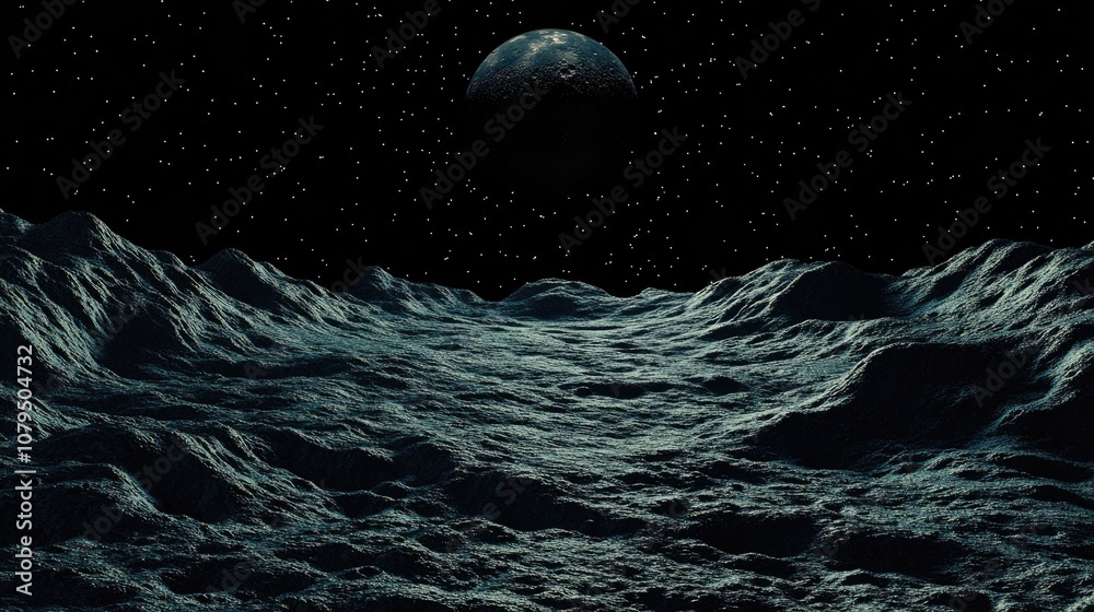 Poster View of a bulging moon surface and a black screen in a 3D cartoon rendering