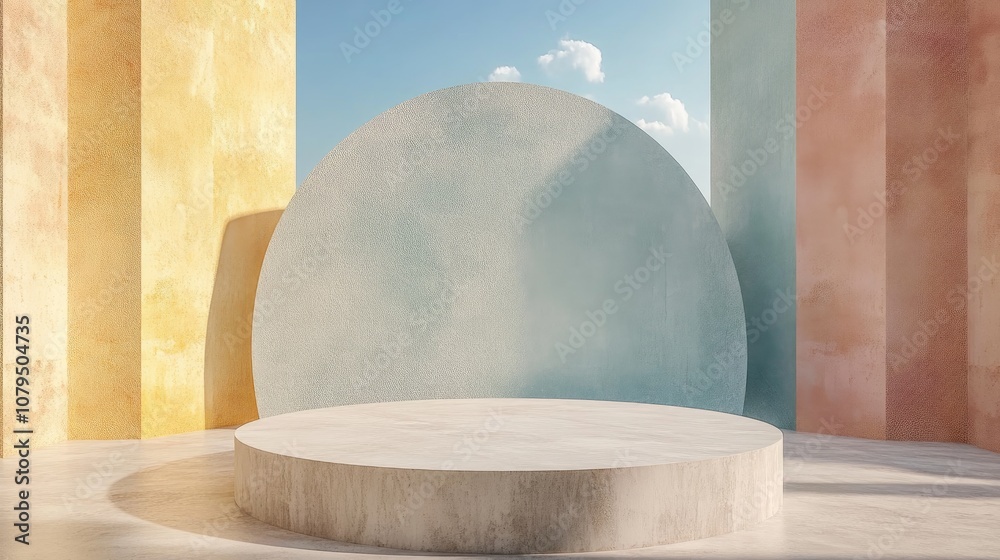 Fototapete minimalist 3d rendering featuring a podium against an abstract backdrop with geometric shapes in sof