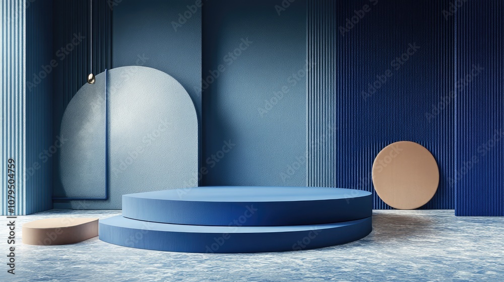 Leinwandbilder empty podium with geometric shapes in blue designed for modern stage presentations and minimalist mo