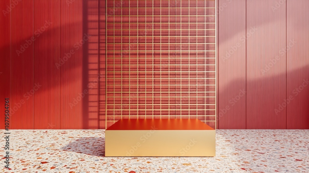 Leinwandbilder Dark red block podium on a square gold grid with terrazzo rendering featuring a transparent background in 3D