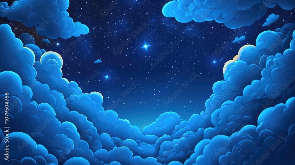 Poster night sky with stars and clouds in 3d cartoon rendering