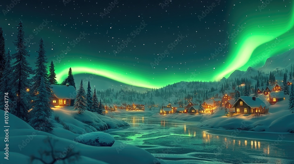 Aufkleber 3d cartoon rendering of a panoramic view featuring a brilliant green aurora curved above the horizon