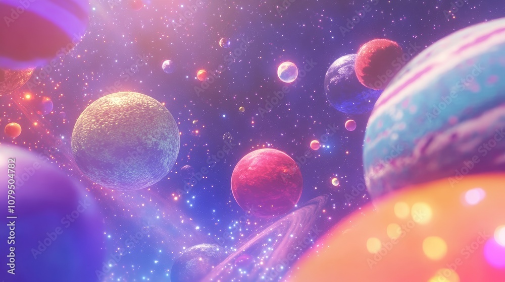 Poster cosmic space fantasy featuring planets and galaxy in a 3d cartoon rendering