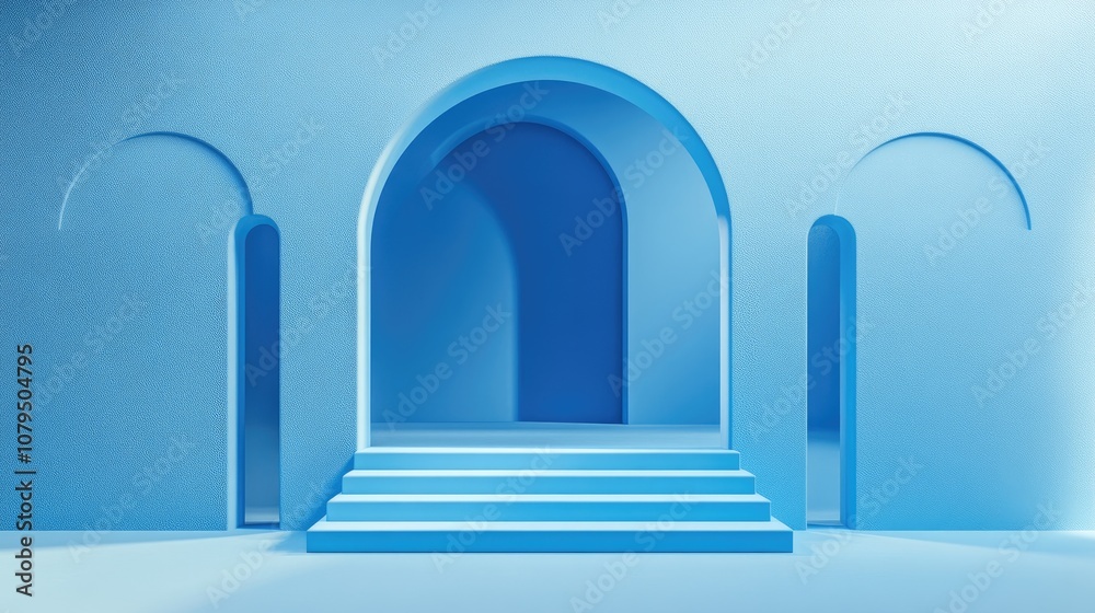 Poster 3d blue display podiums with two stairs for product advertising set against a two tone blue backgrou