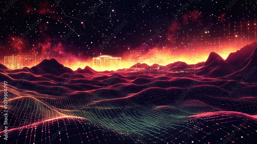 Aufkleber Abstract landscape depicted in a 3D cartoon rendering featuring a dark background with a star horizon cyberspace grid hi tech network and a starry outer space texture 3D illustration