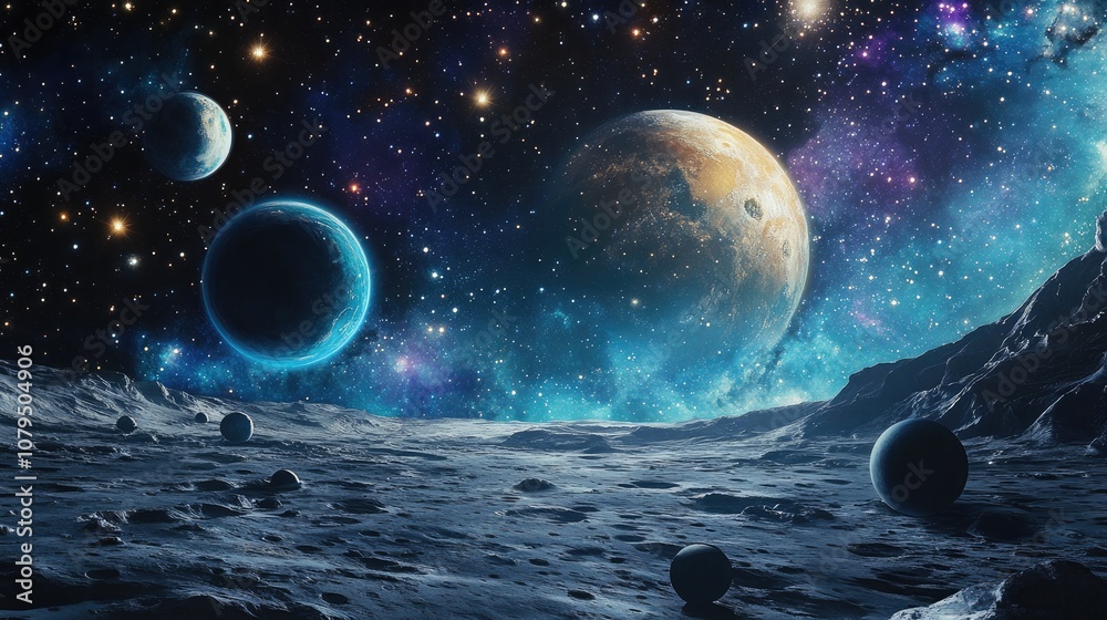Poster 2d illustration featuring a cartoon space background with a vast expanse of deep space includes star