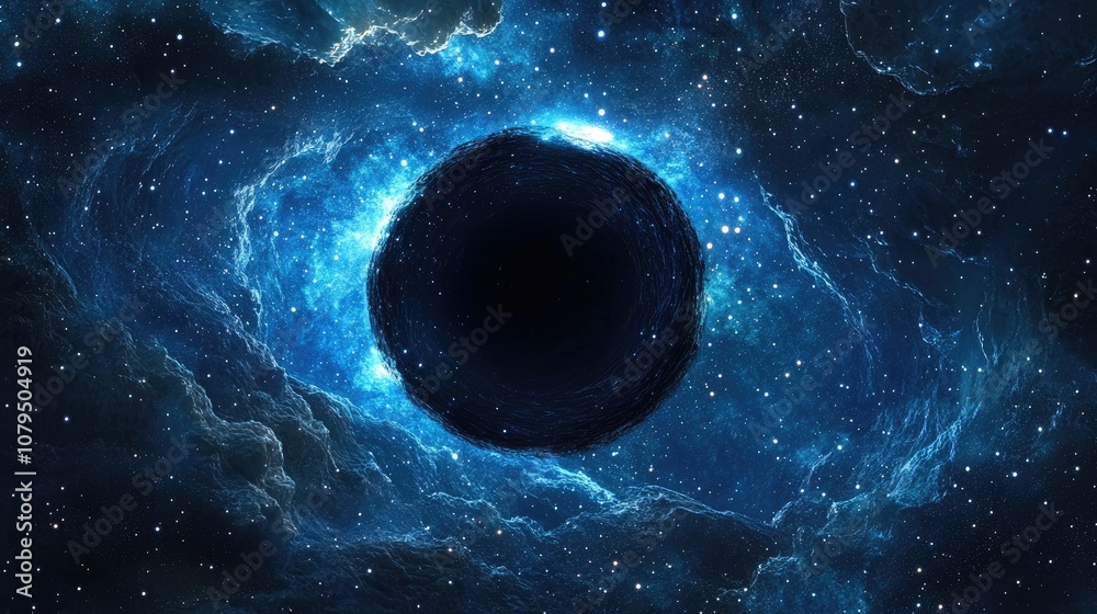 Aufkleber 3D cartoon depiction of a black hole surrounded by shiny stars in a deep cold space with a blue nebula and a dark night sky in an interstellar setting 2D illustration