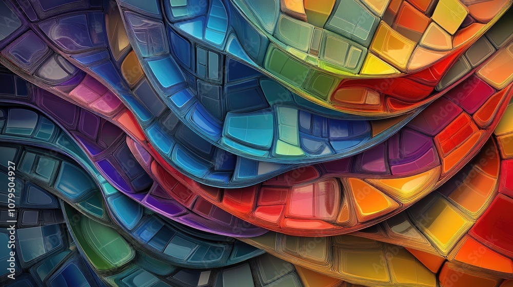 Poster Extruded abstract fractal background featuring a 3D cartoon rendering Modern art painting with futuristic wavy fractal artwork showcasing trendy desktop wallpaper and colorful abstract 3D rendered
