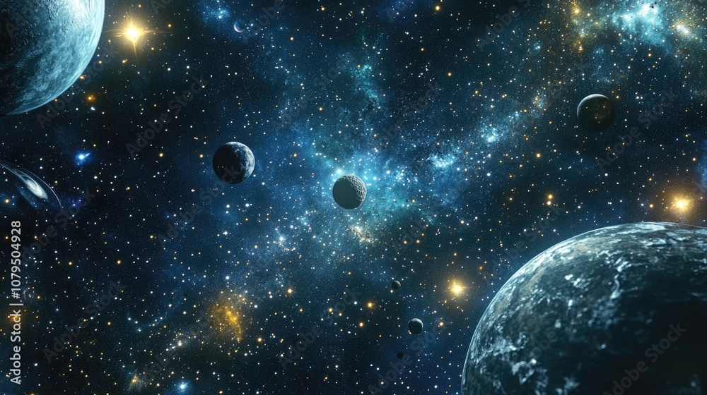 Poster 2d illustration in deep interstellar space featuring a 3d cartoon rendering of stars planets moons a