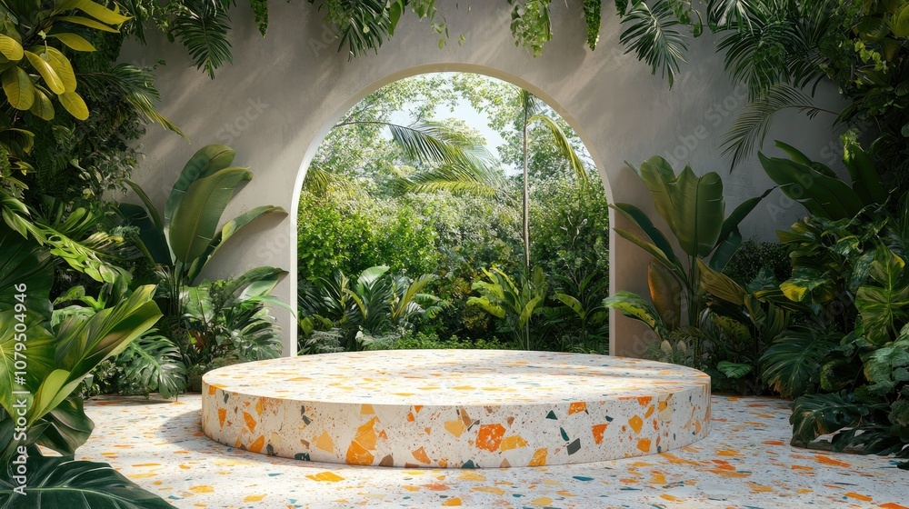 Poster colorful terrazzo podium set against a backdrop of lush green foliage and an arch 3d rendered image
