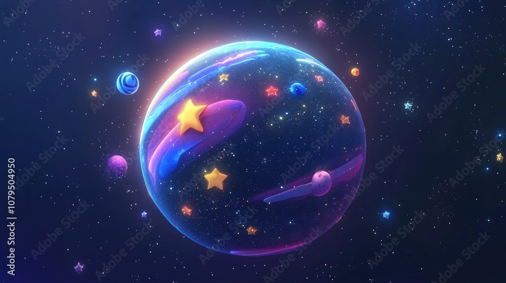 Fototapete 3d rendering of a cartoon sphere featuring stars and outer space elements