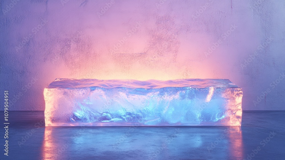 Leinwandbilder 3D rendering of a rectangular blue ice podium or stand on a light background illuminated with neon light Studio backdrop