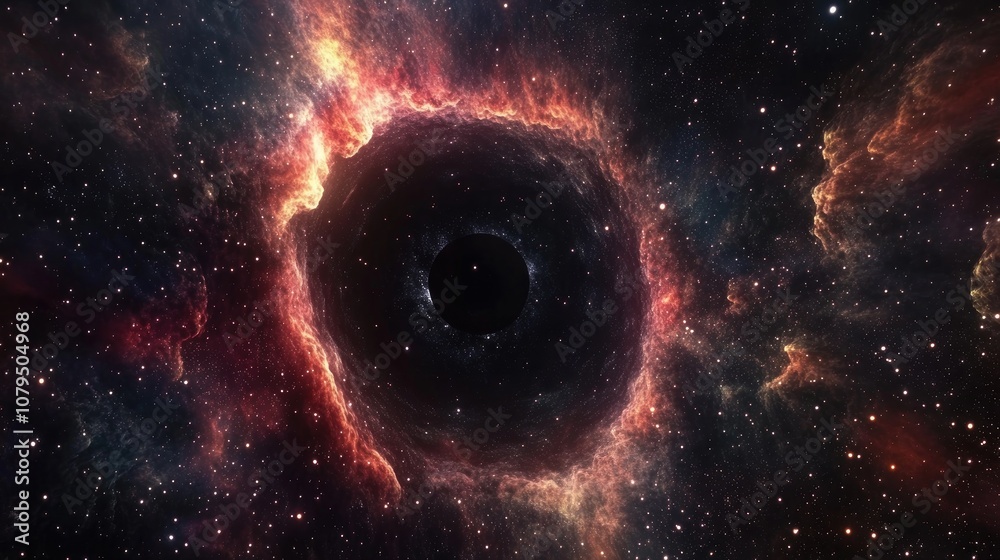 Poster 3d illustration featuring a black hole surrounded by colorful stars and cloud fields showcasing a ne